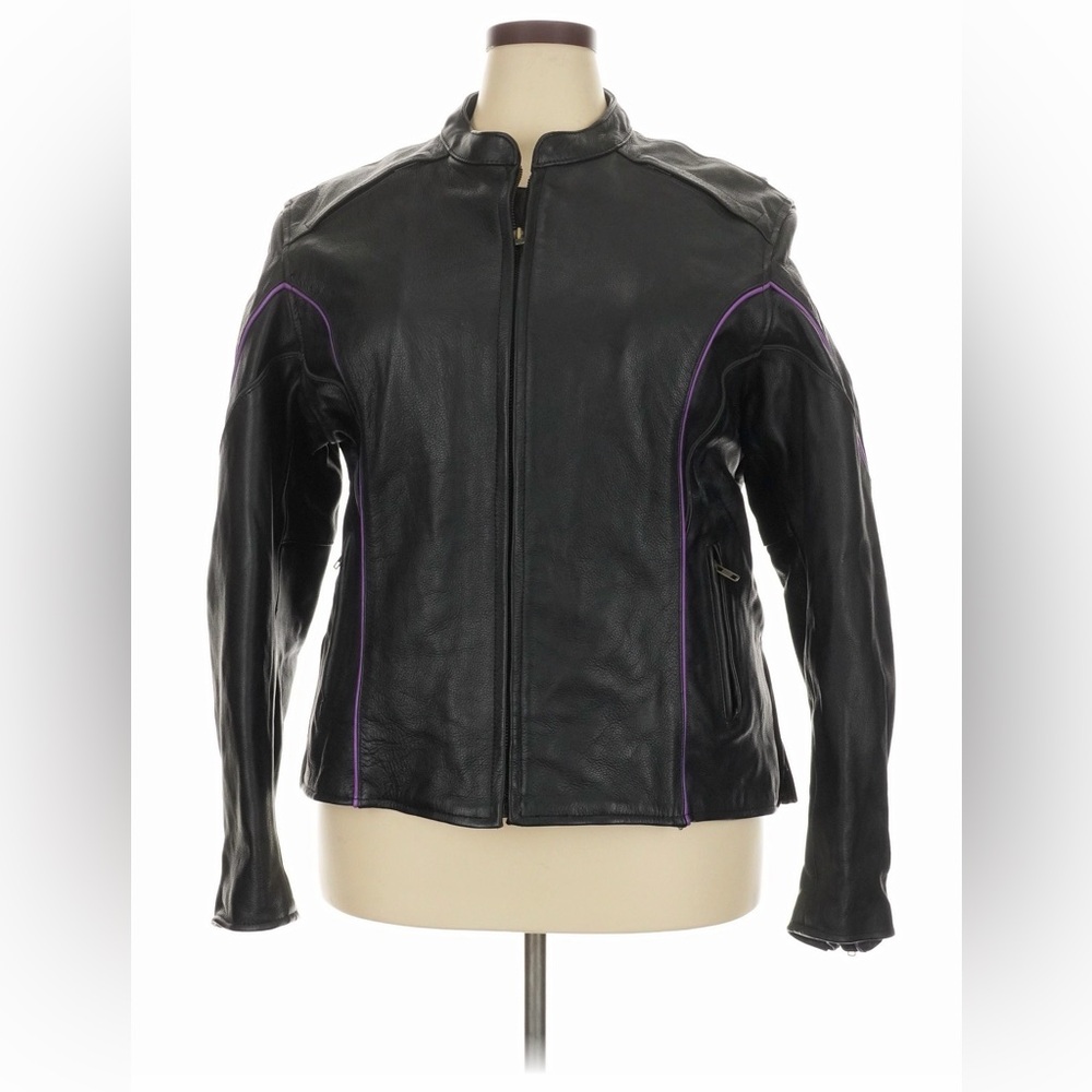 Women's Black Leather Motorcycle Jacket with Purple Embroidered Phoenix